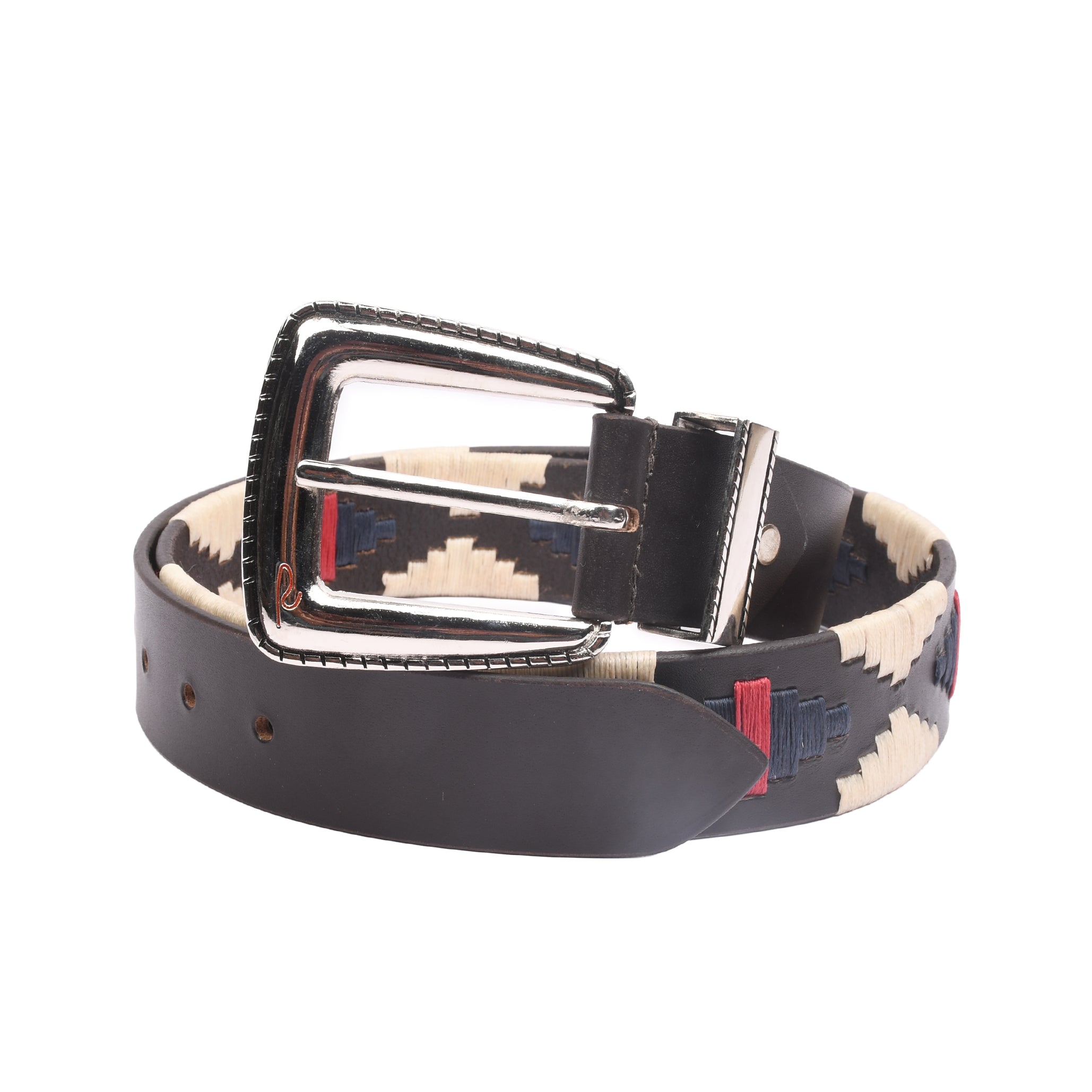 RIVIERA LUXE Monaco Stitch Silver embroidered leather belt with geometric stitch and nickel buckle for men India