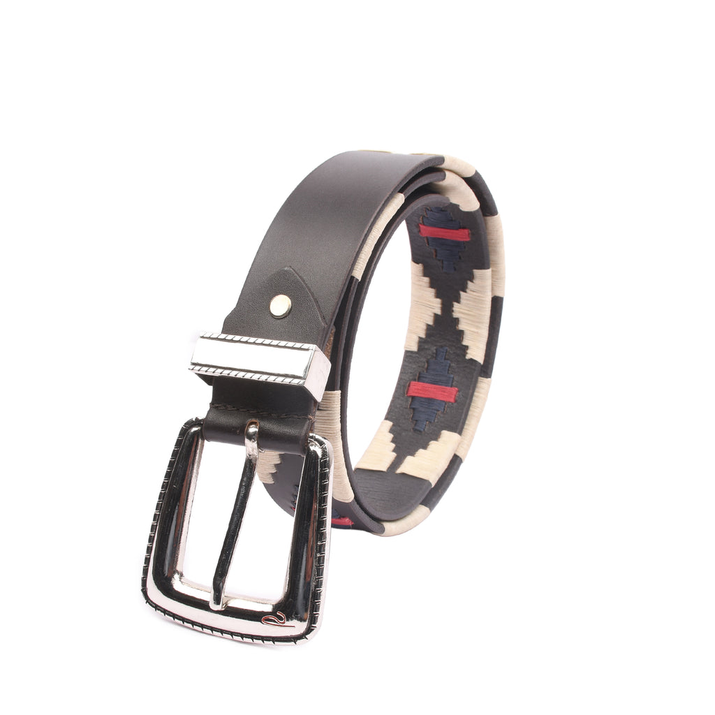 Monaco Stitch Silver close-up showing cream navy and red geometric embroidery on genuine leather