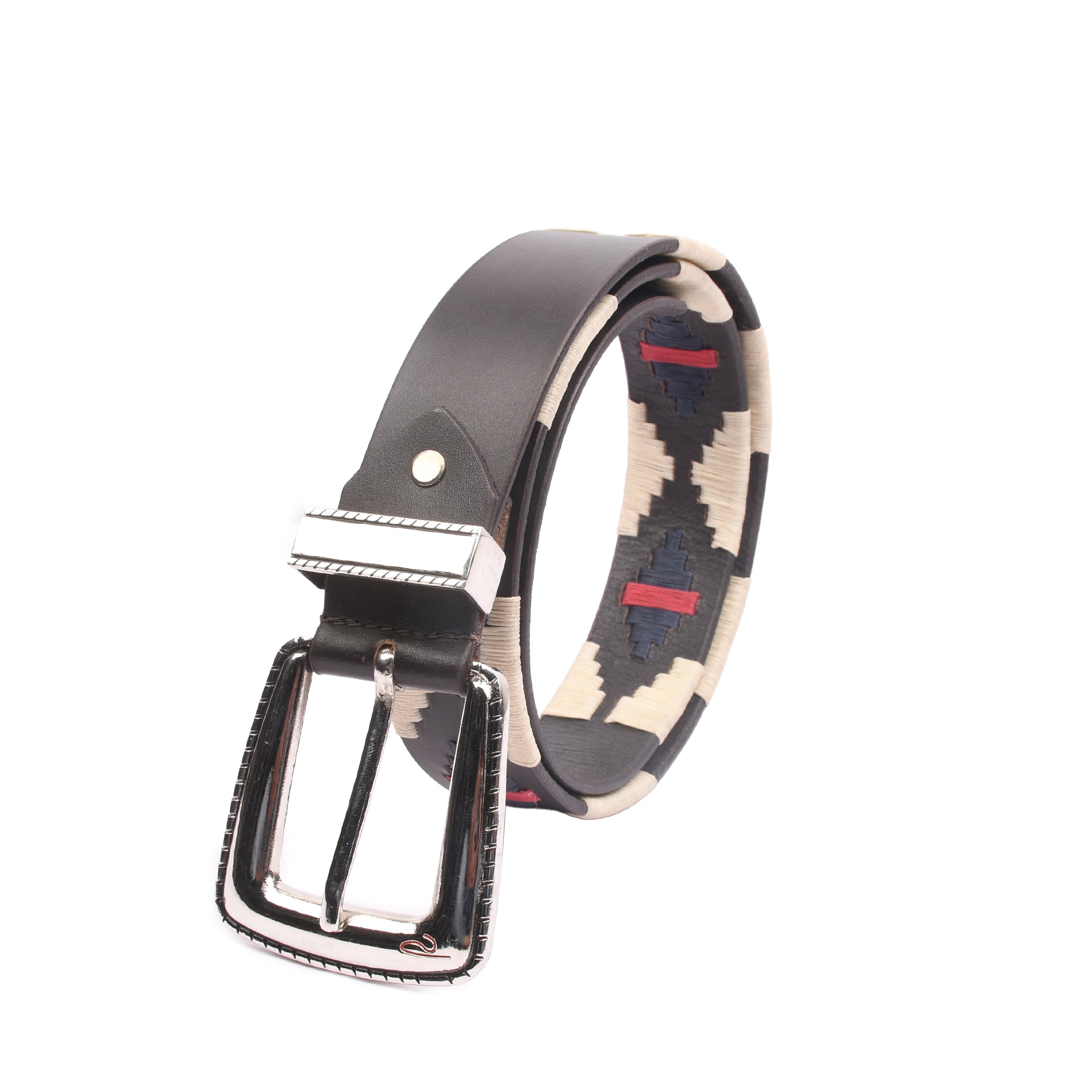 Monaco Stitch Silver close-up showing cream navy and red geometric embroidery on genuine leather