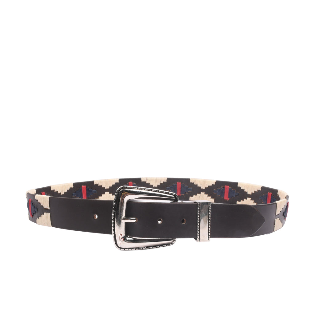 Monaco Stitch Silver buckle detail showing polished nickel hardware and embroidered leather keeper