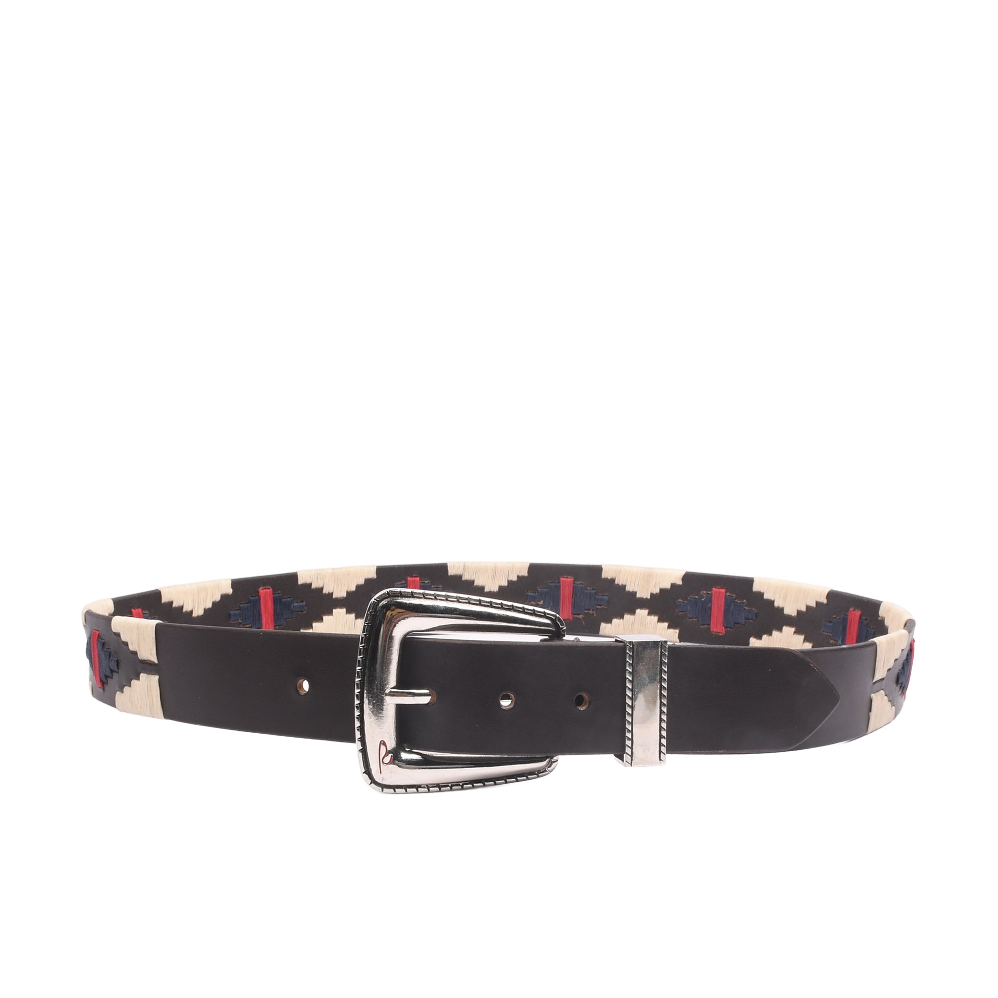 Monaco Stitch Silver buckle detail showing polished nickel hardware and embroidered leather keeper
