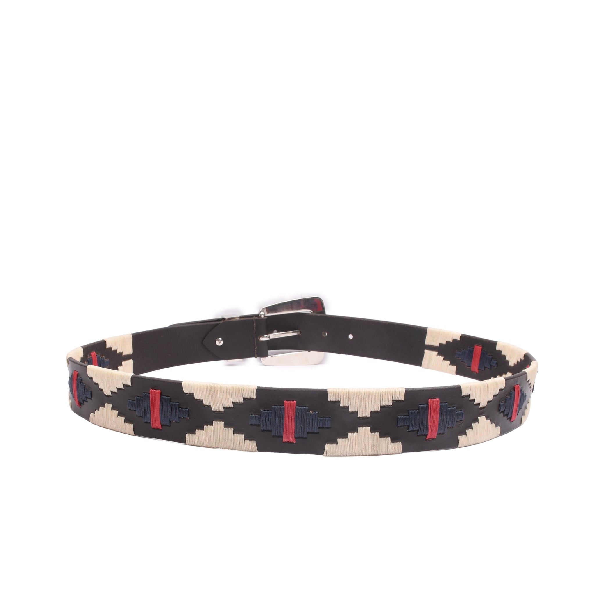 Monaco Stitch Silver 38MM embroidered leather belt full view with polished silver buckle