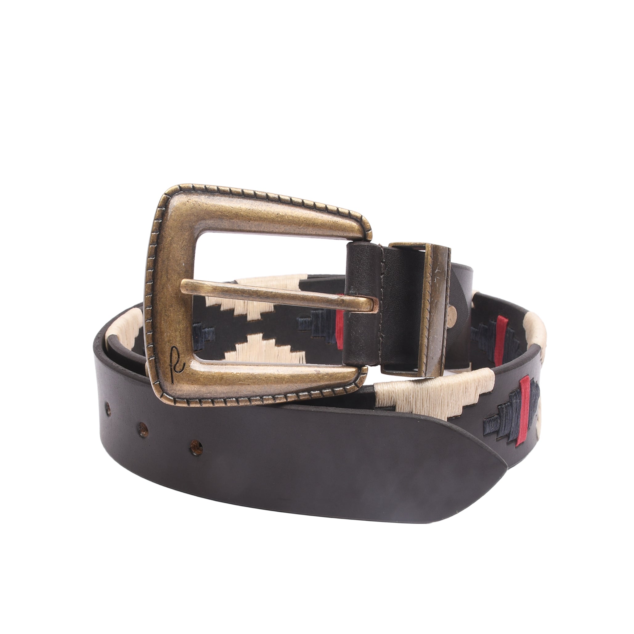RIVIERA LUXE Monaco Stitch Vintage Brass embroidered leather belt with geometric stitch and brass buckle for men India