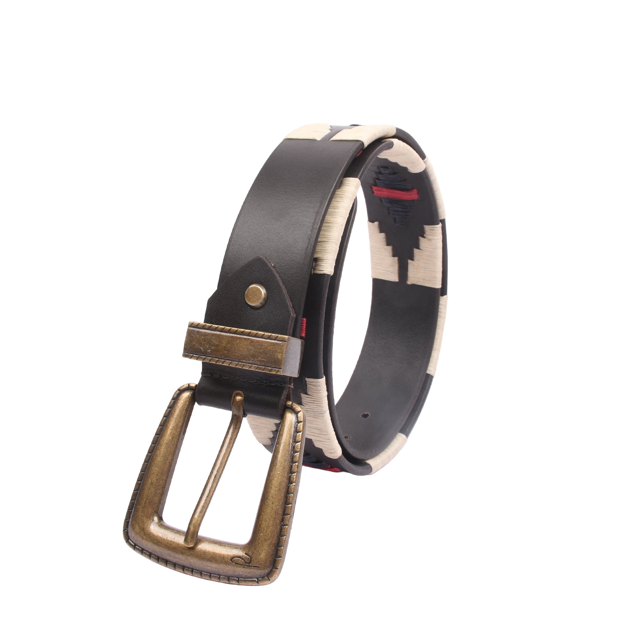 Monaco Stitch Vintage 38MM embroidered leather belt full view with antique brass buckle