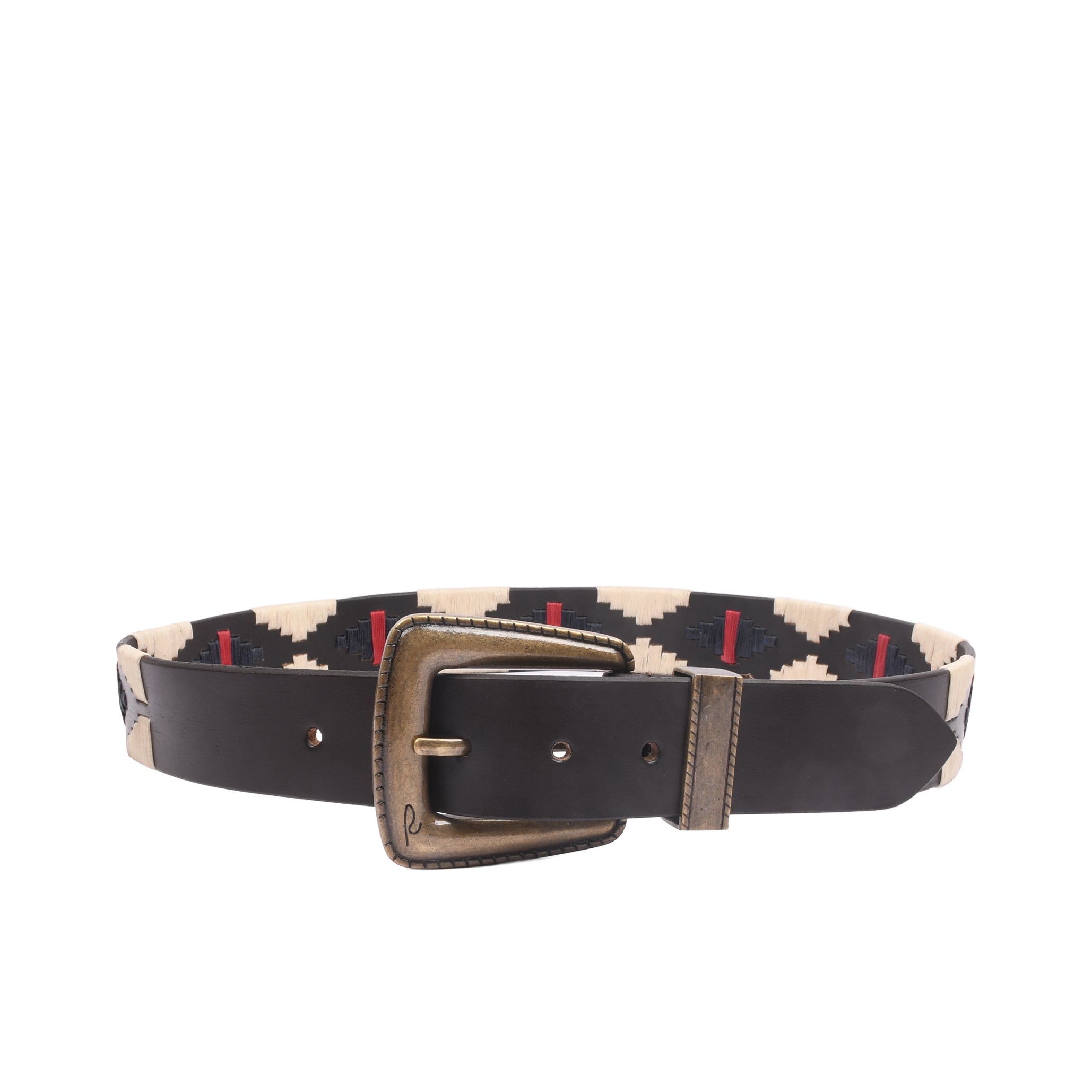 Monaco Stitch Vintage Brass buckle detail showing antique brass hardware and embroidered leather detail