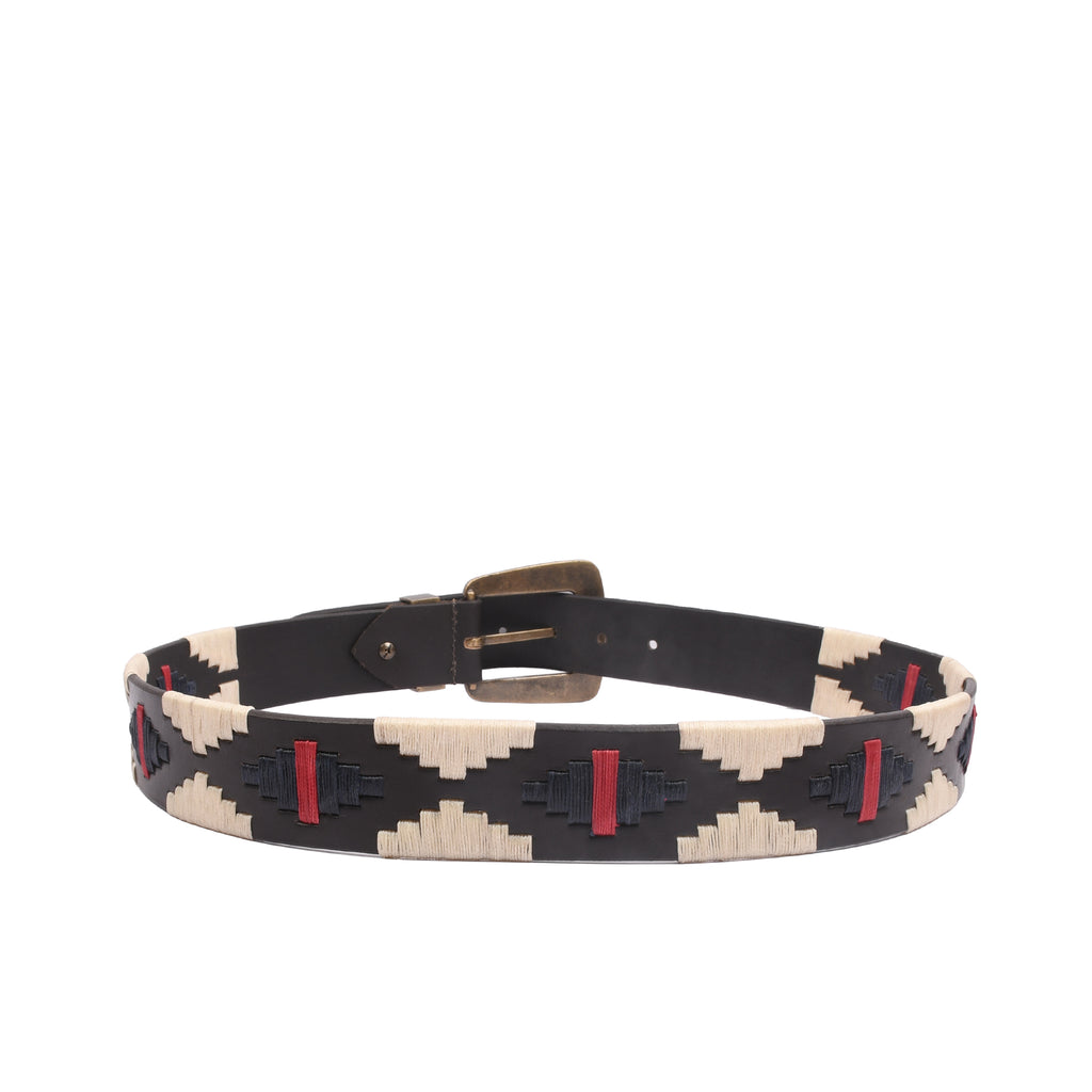 Monaco Stitch Vintage Brass close-up showing cream navy and red geometric embroidery on leather