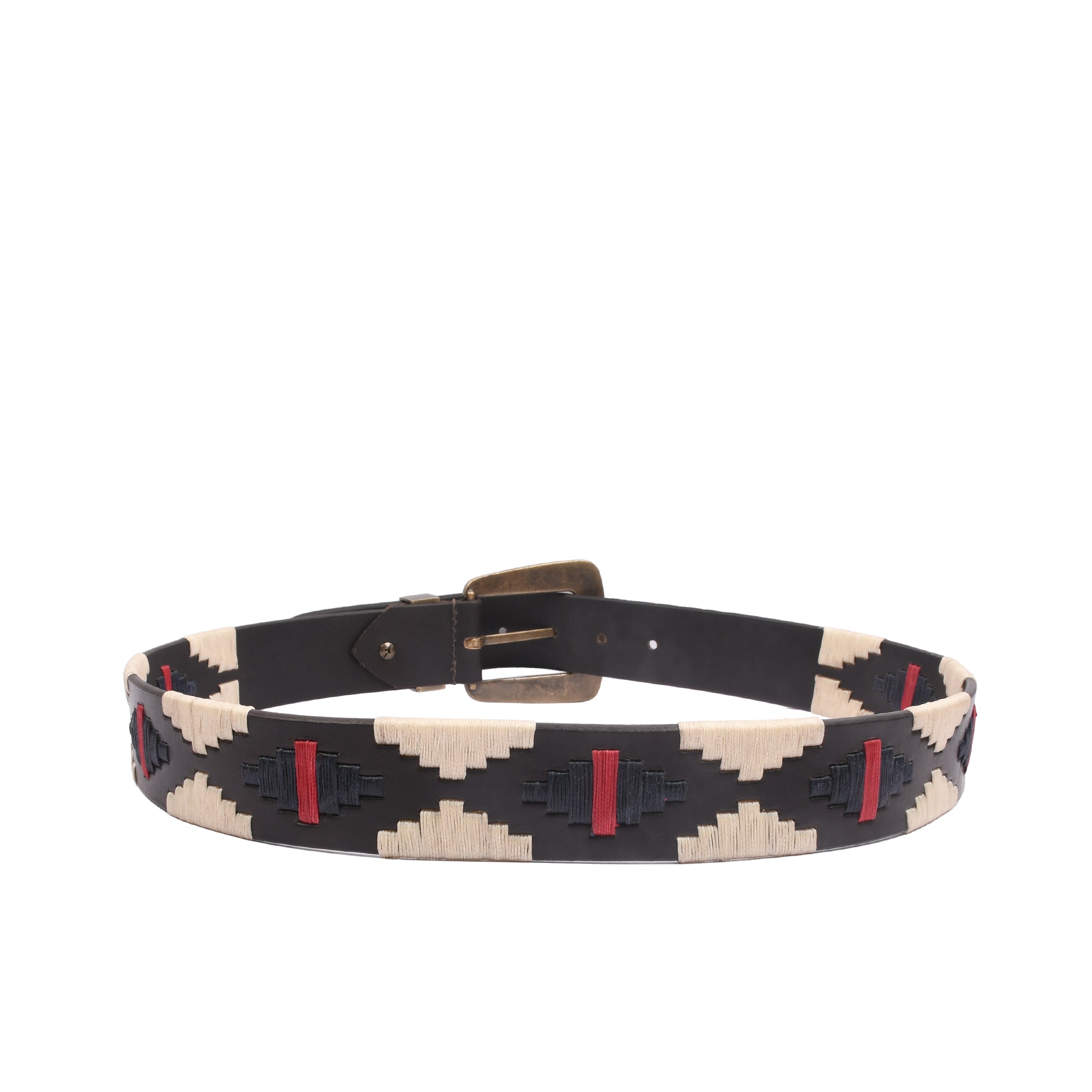 Monaco Stitch Vintage Brass close-up showing cream navy and red geometric embroidery on leather