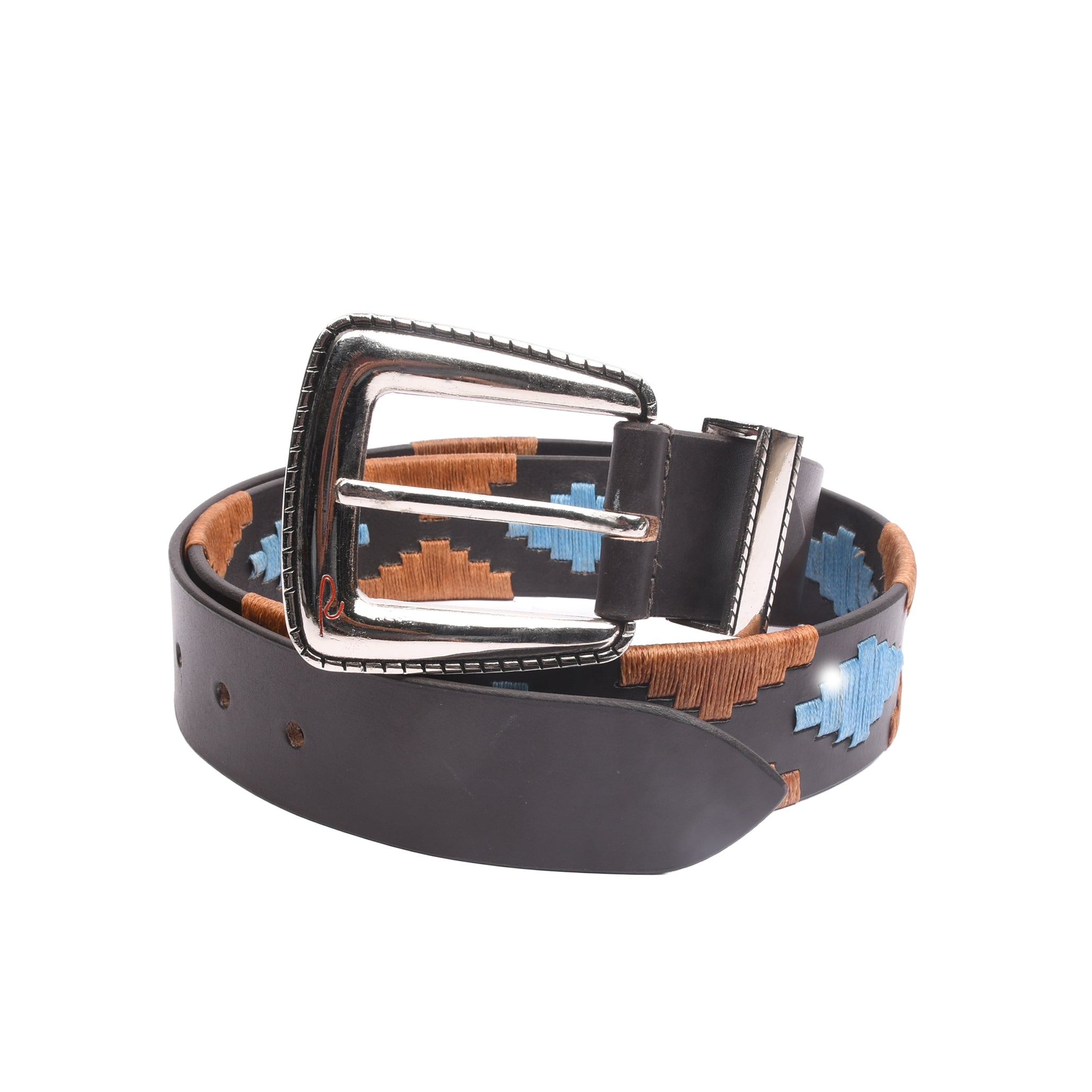 RIVIERA LUXE Artisan Stitch Silver embroidered leather belt with earthy geometric stitch and silver buckle for men India