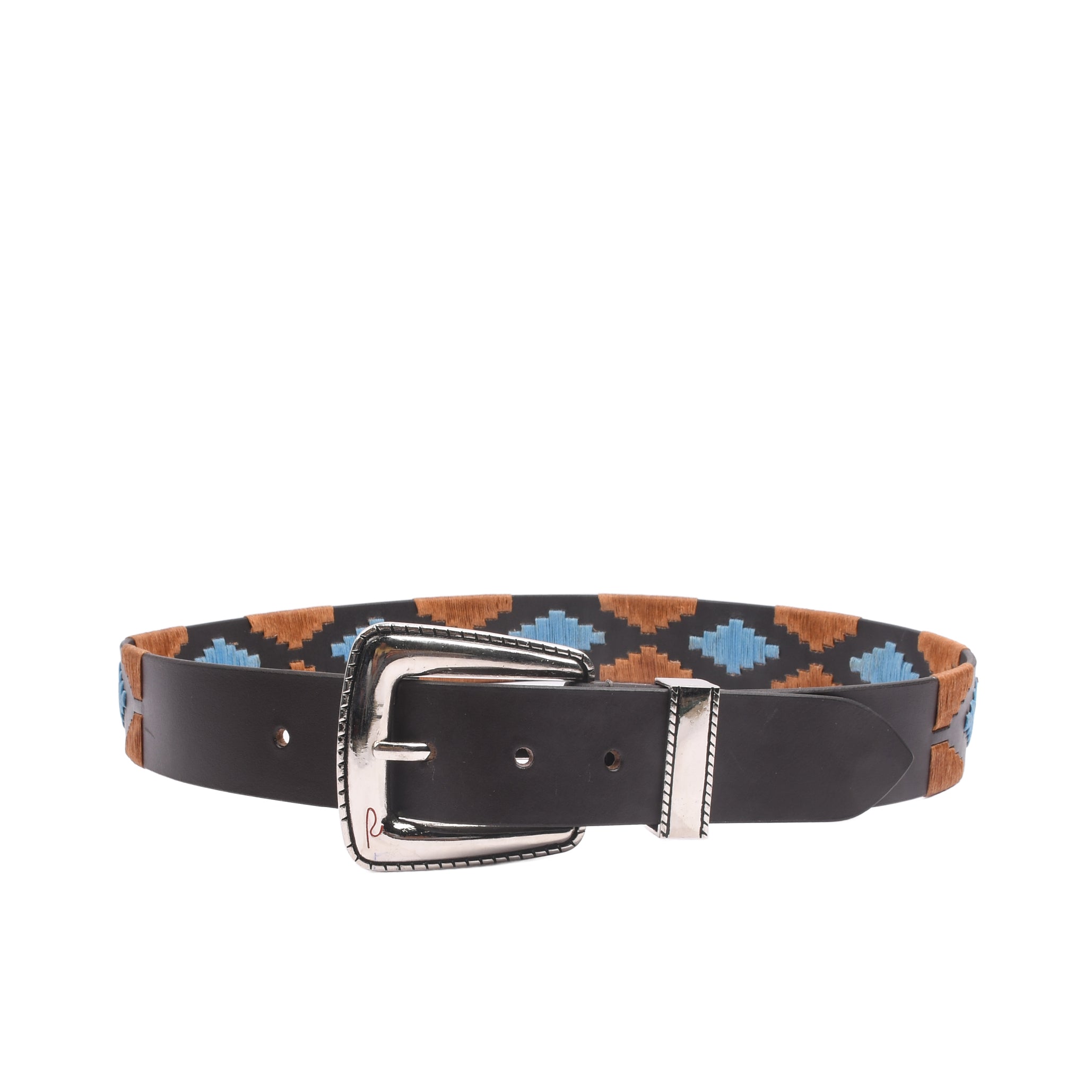 Artisan Stitch Silver embroidered leather belt tip showing reinforced leather construction and stitch detail