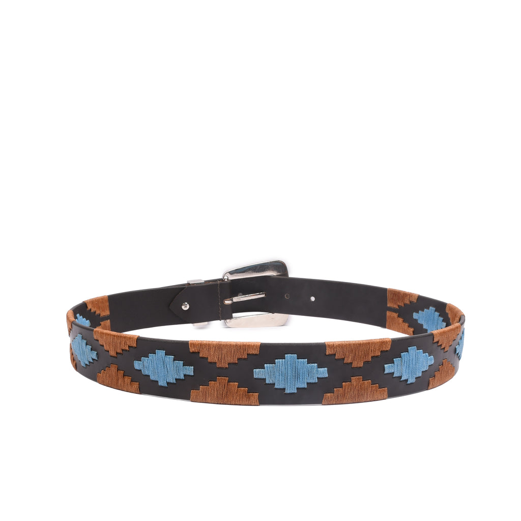 Artisan Stitch Silver 38MM embroidered leather belt full view with polished silver buckle