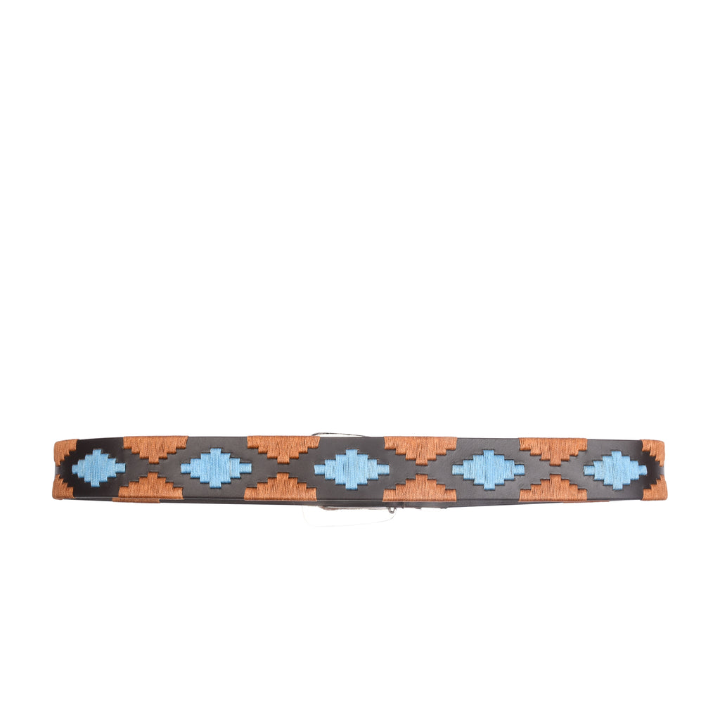 Artisan Stitch Silver buckle close-up showing polished nickel finish and geometric embroidered leather
