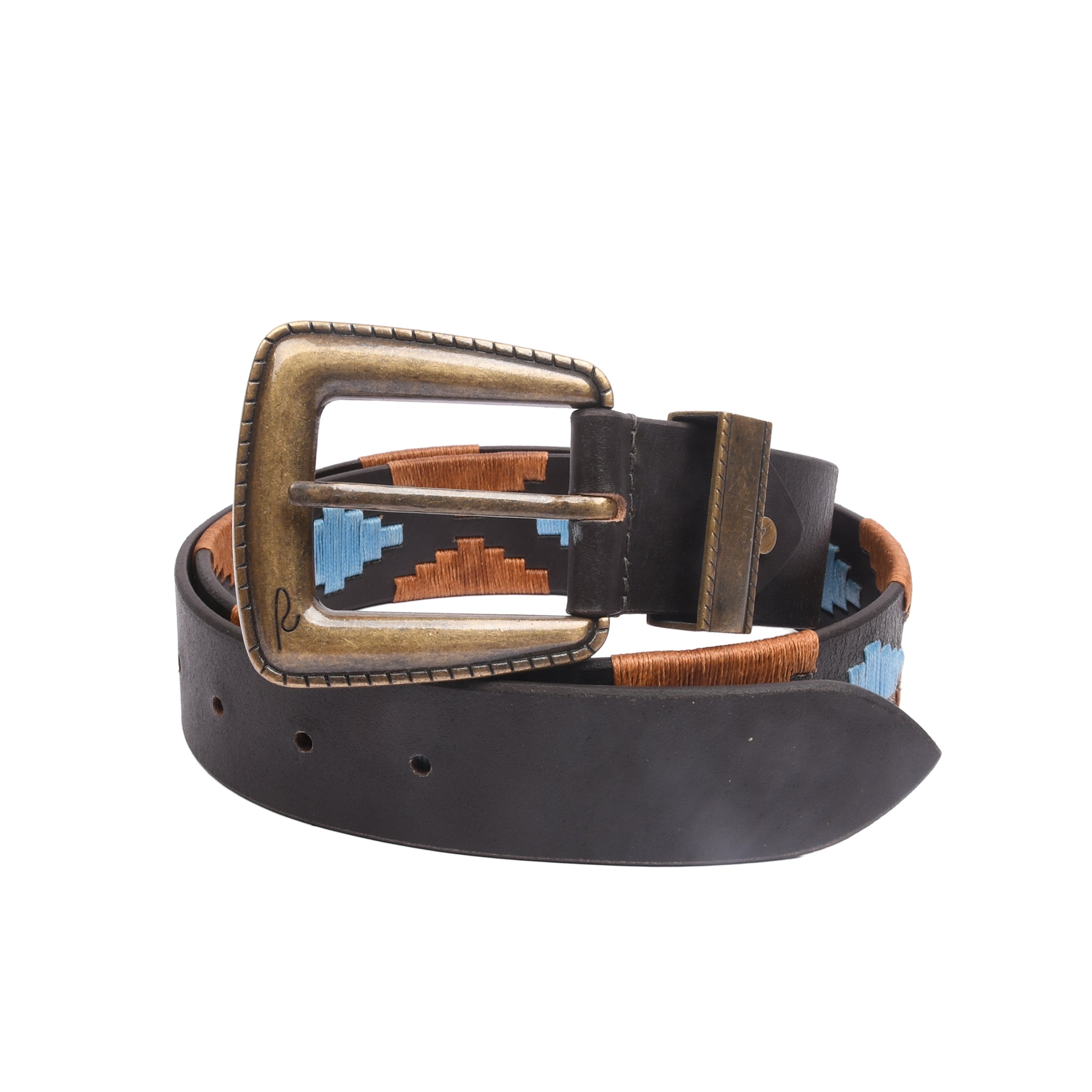 RIVIERA LUXE Artisan Stitch Vintage Brass embroidered leather belt with geometric stitch and brass buckle for men India