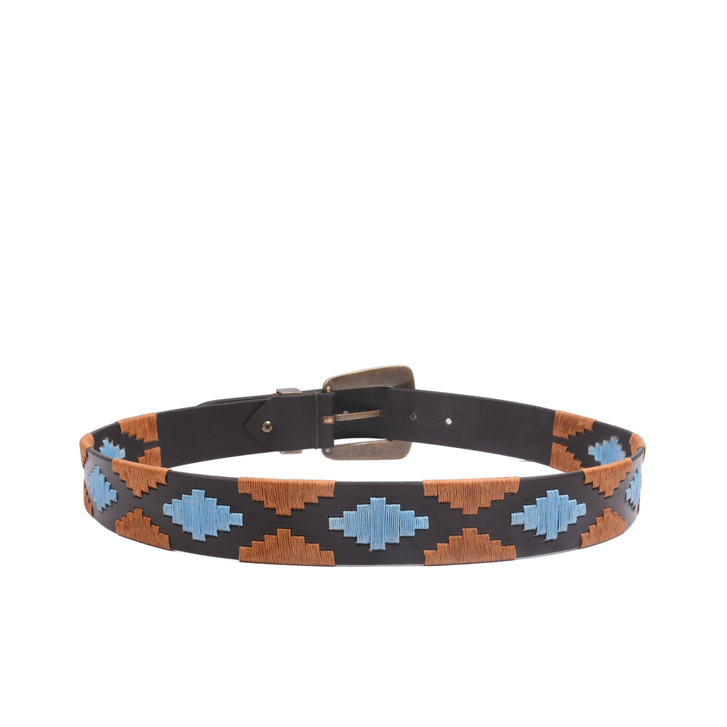 Artisan Stitch Vintage 38MM embroidered leather belt full view with antique brass buckle