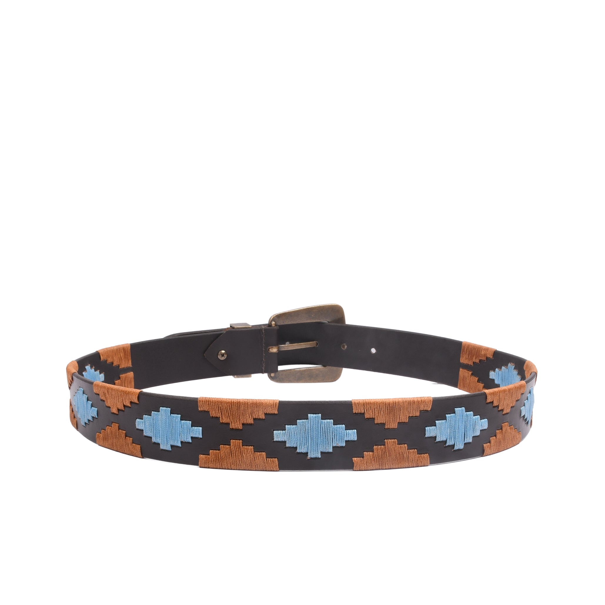 Artisan Stitch Vintage 38MM embroidered leather belt full view with antique brass buckle