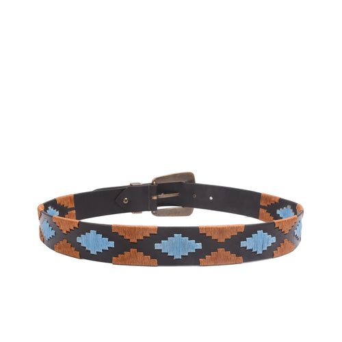 Artisan Stitch Vintage 38MM embroidered leather belt full view with antique brass buckle