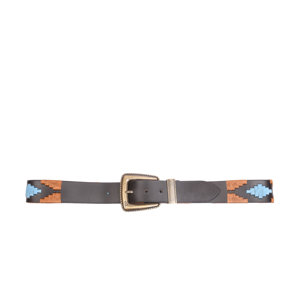 Artisan Stitch Vintage Brass side profile showing embroidered leather belt width and brass keeper