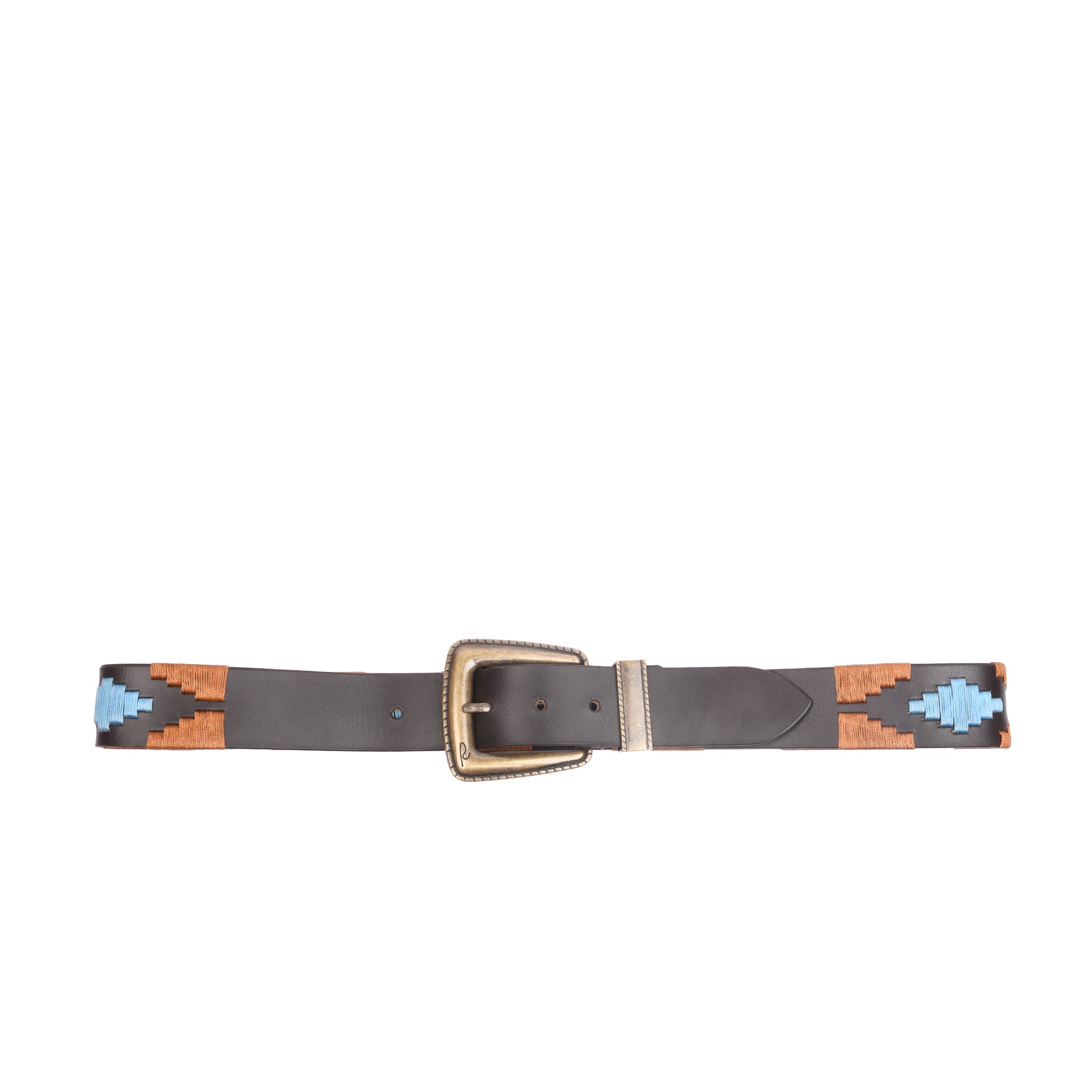 Artisan Stitch Vintage Brass side profile showing embroidered leather belt width and brass keeper