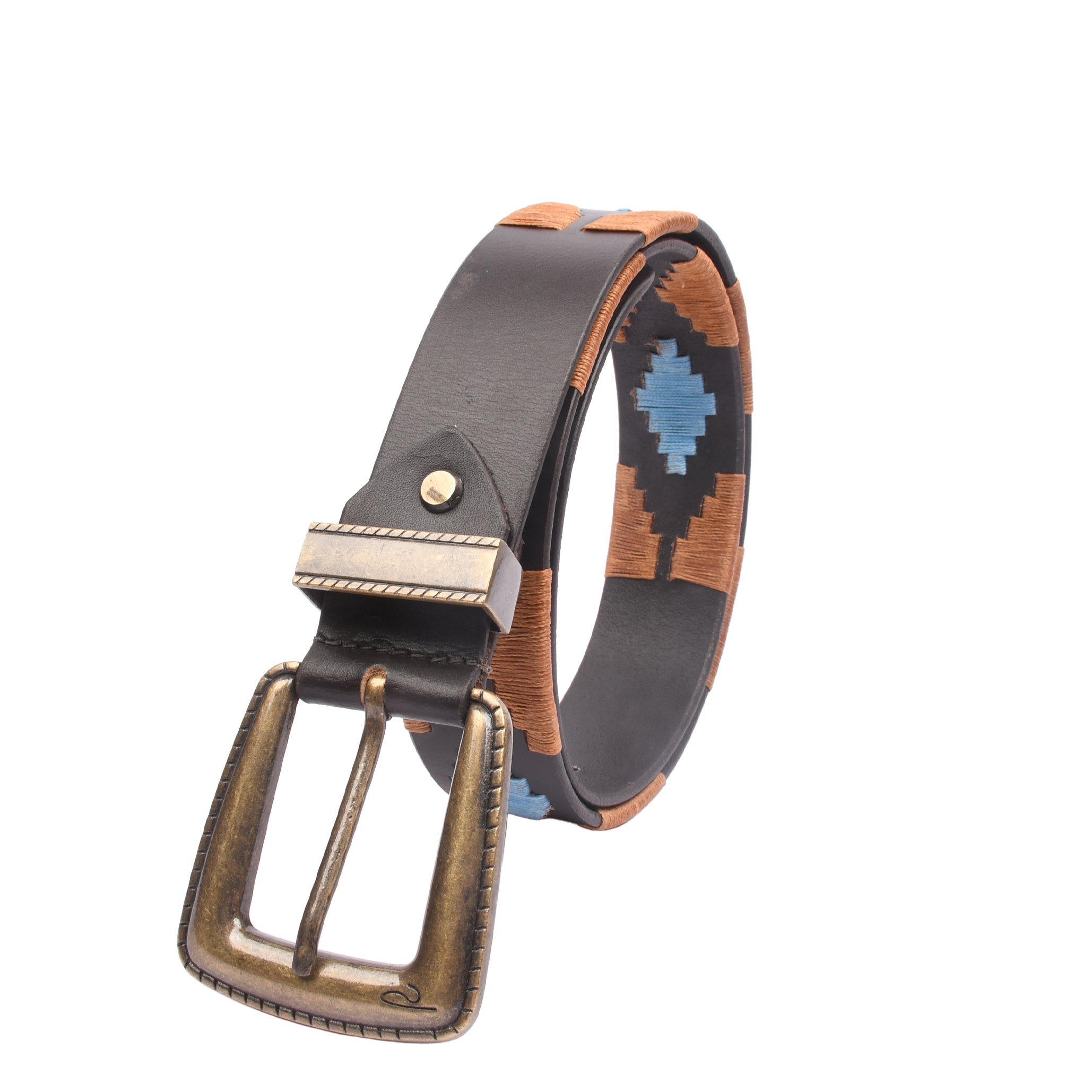 Artisan Stitch Vintage Brass close-up showing earthy and sky-blue geometric embroidery on genuine leather