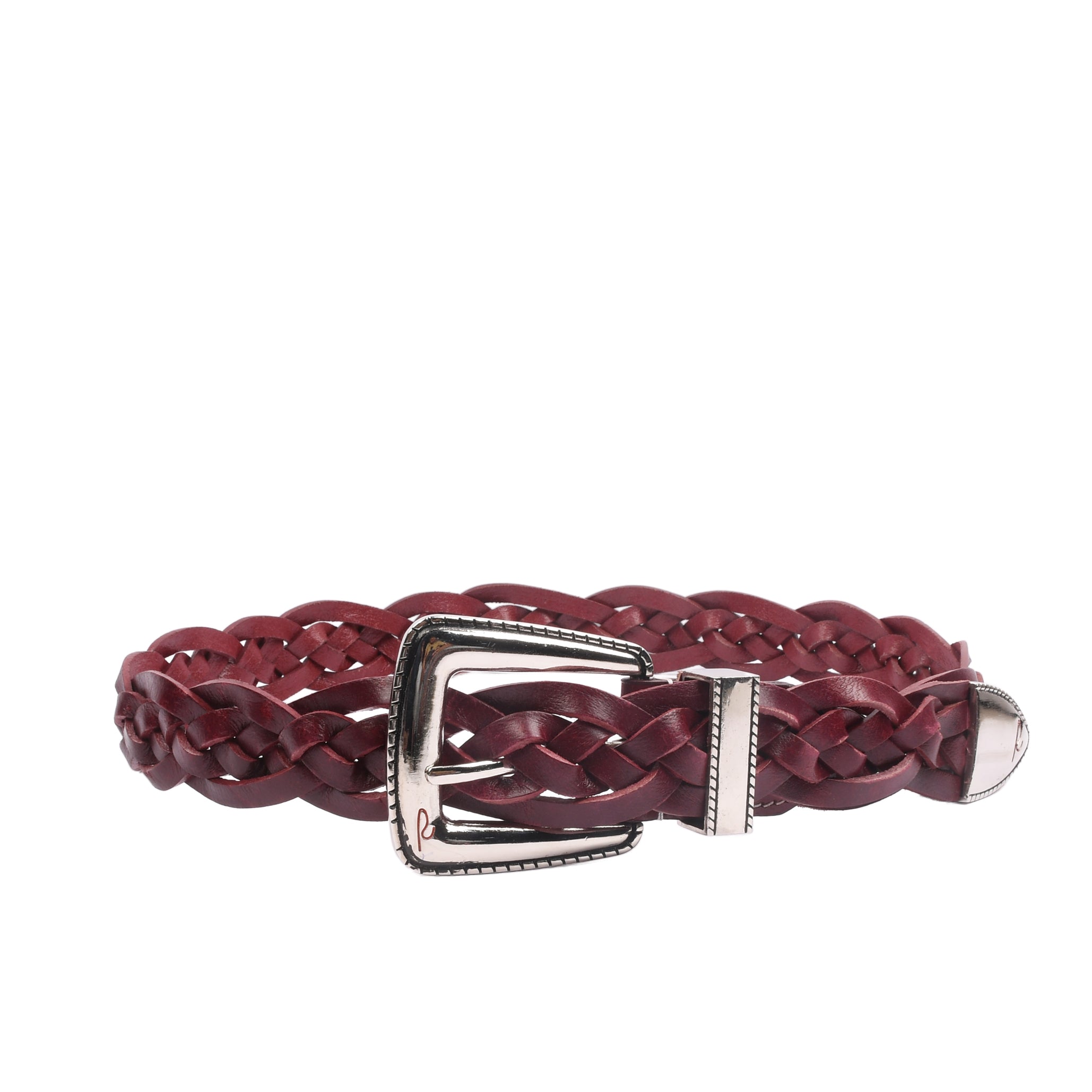 Rosso Windsor Nickel red braided leather belt full view with vintage nickel buckle for men India