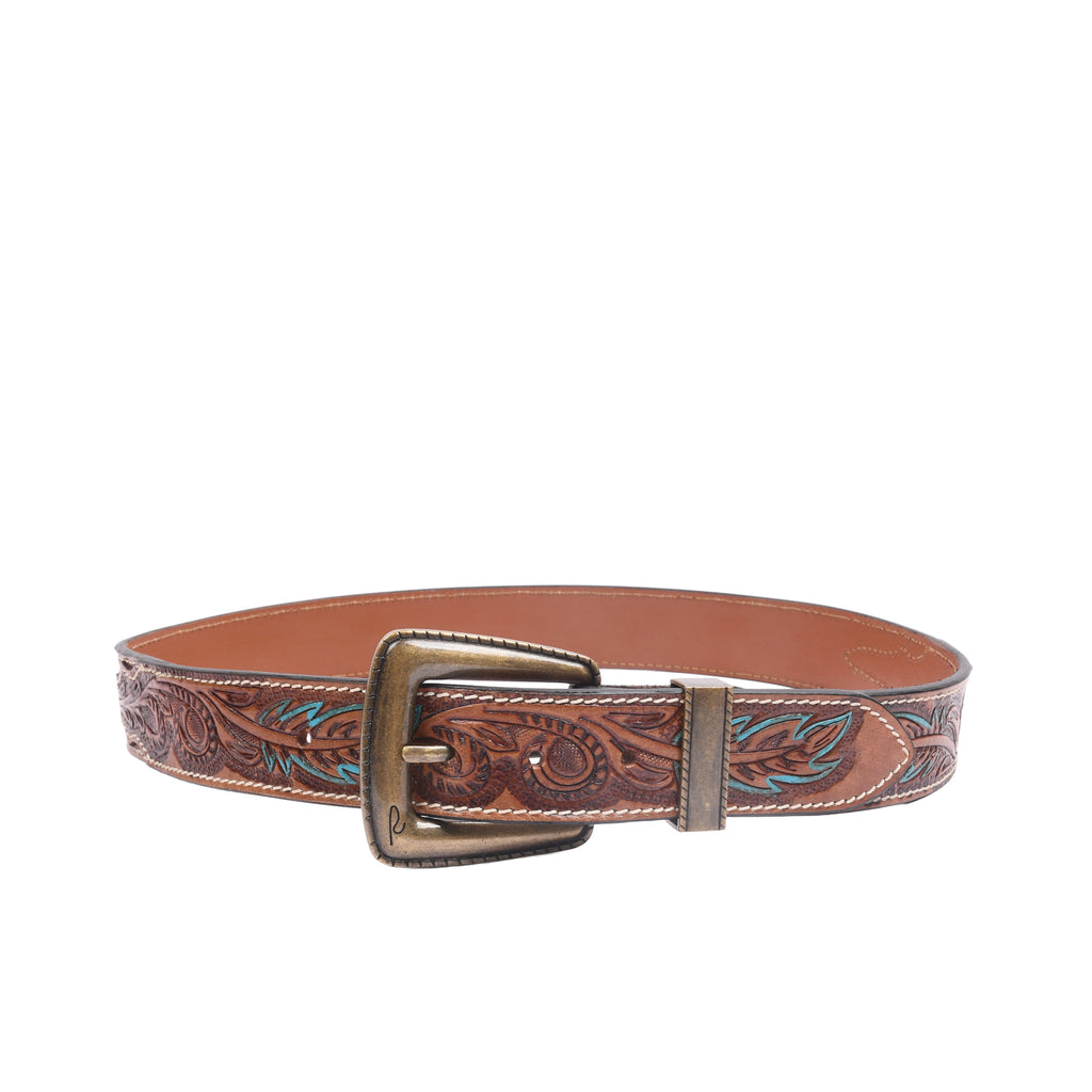 Gaucho Loop Antique Brass 38MM leather belt full view with warm brass buckle and reinforced leather tip