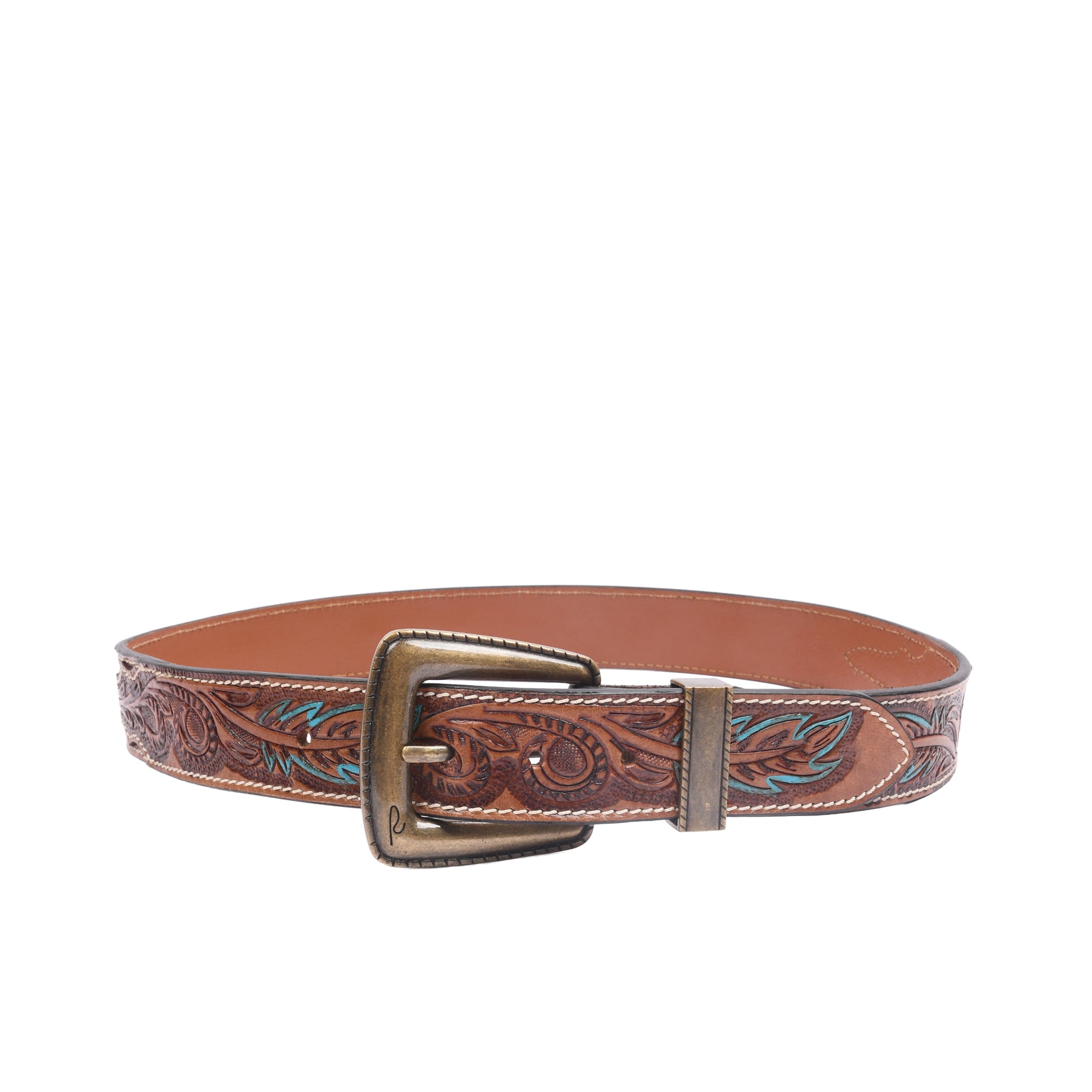 Gaucho Loop Antique Brass 38MM leather belt full view with warm brass buckle and reinforced leather tip