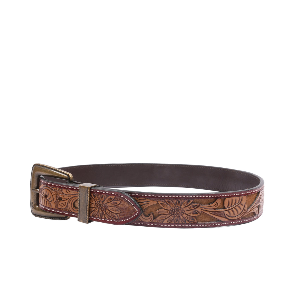 Bronco Vintage close-up showing intricate western embossed craftsmanship and hairon leather texture detail