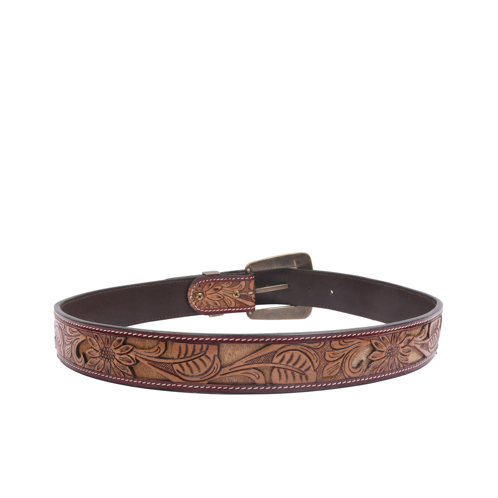 Bronco Vintage 38MM hairon leather belt side view with antique brass hardware and reinforced tip