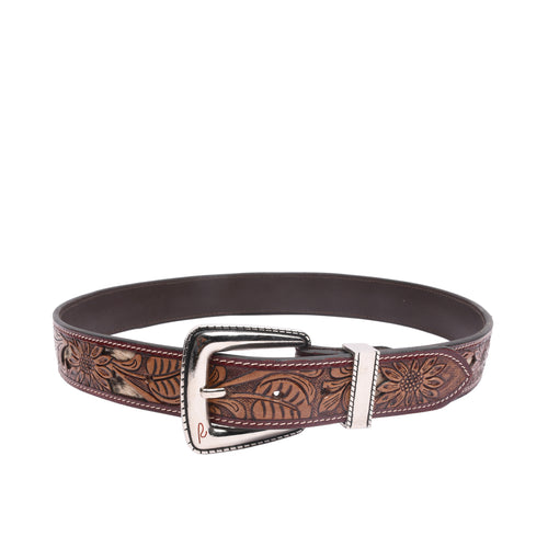 RIVIERA LUXE Bronco Silver hairon leather belt with western embossed detailing and nickel buckle for men India