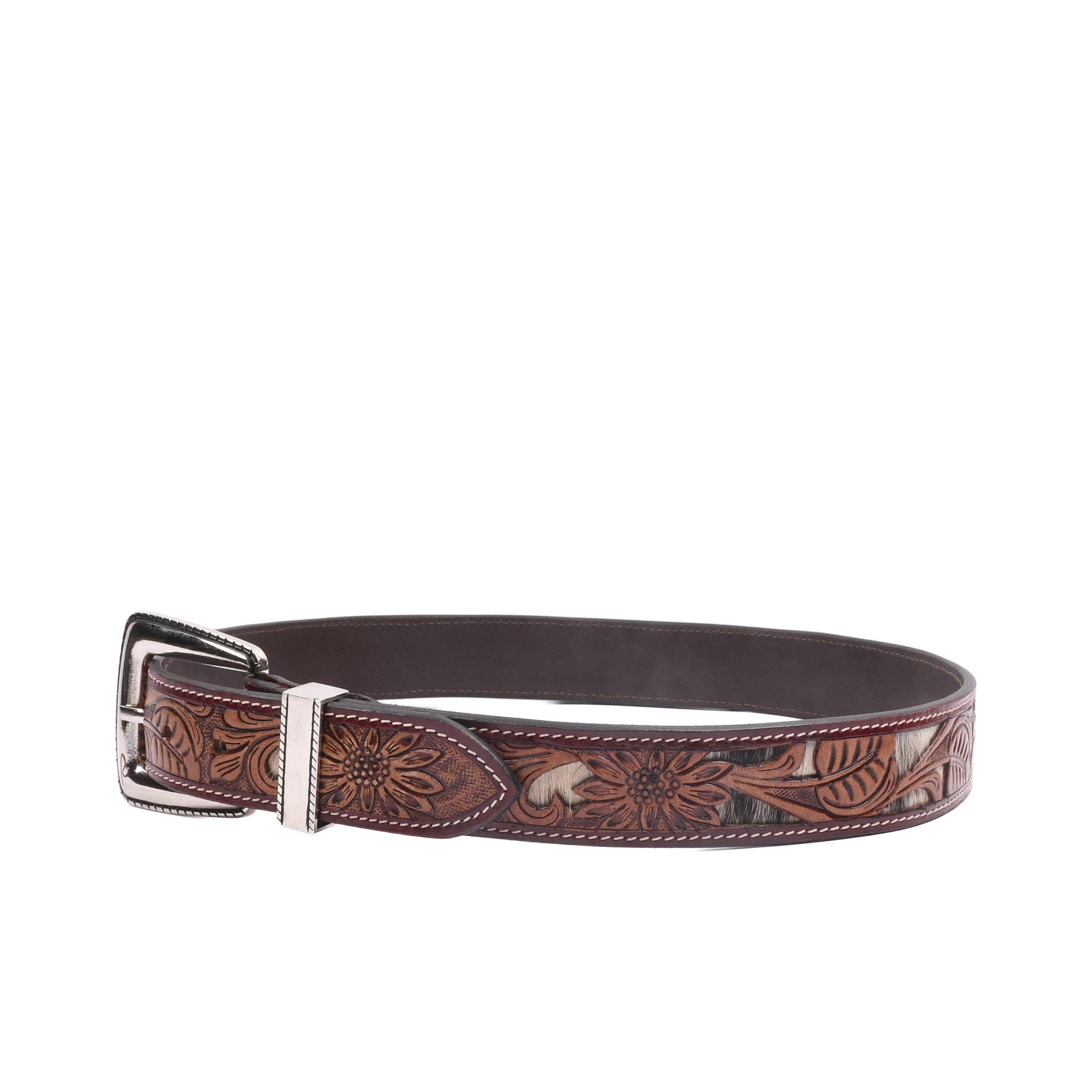 Bronco Silver close-up showing western embossed leather craftsmanship with polished nickel hardware