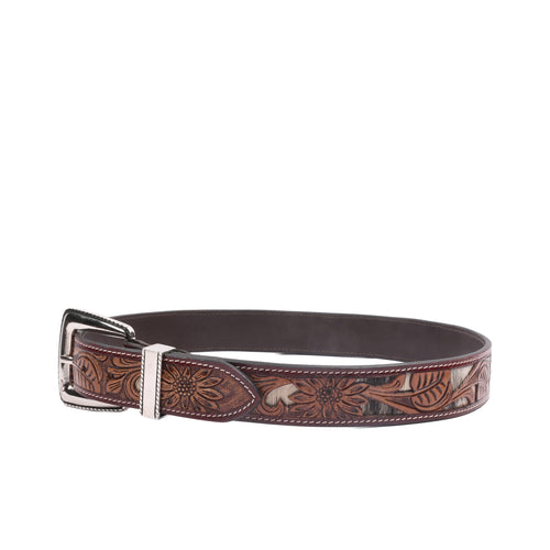 Bronco Silver close-up showing western embossed leather craftsmanship with polished nickel hardware