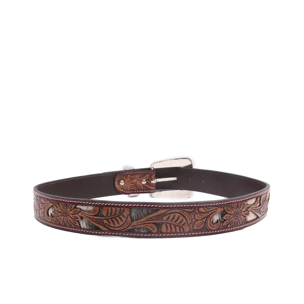 Bronco Silver 38MM hairon leather belt profile with nickel tone buckle and reinforced leather keeper