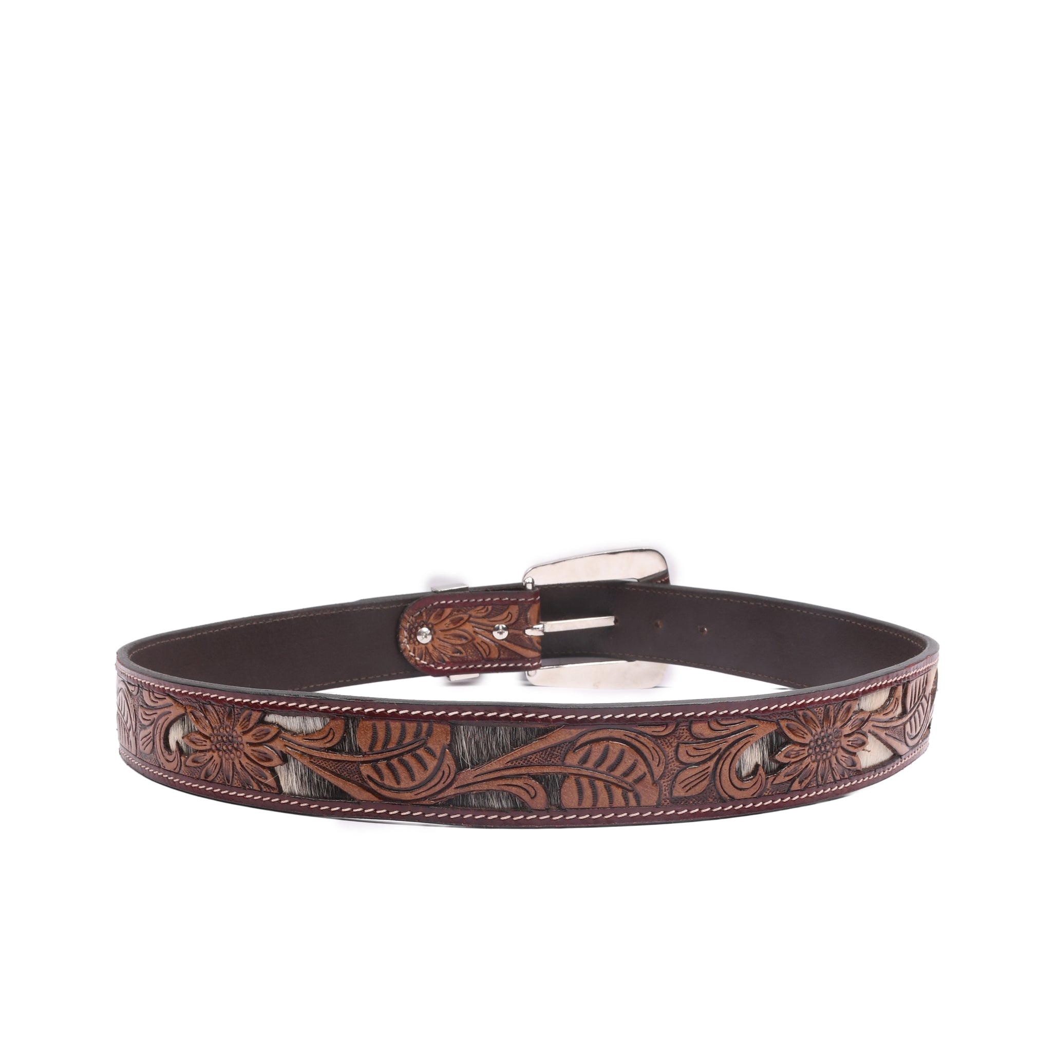 Bronco Silver 38MM hairon leather belt profile with nickel tone buckle and reinforced leather keeper