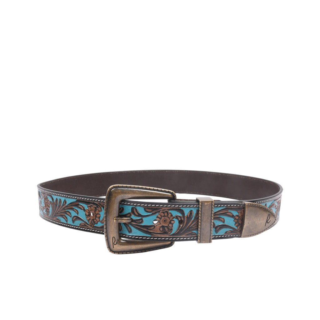 RIVIERA LUXE Turano Trail Antique embossed genuine leather belt with turquoise inlay and brass buckle for men India