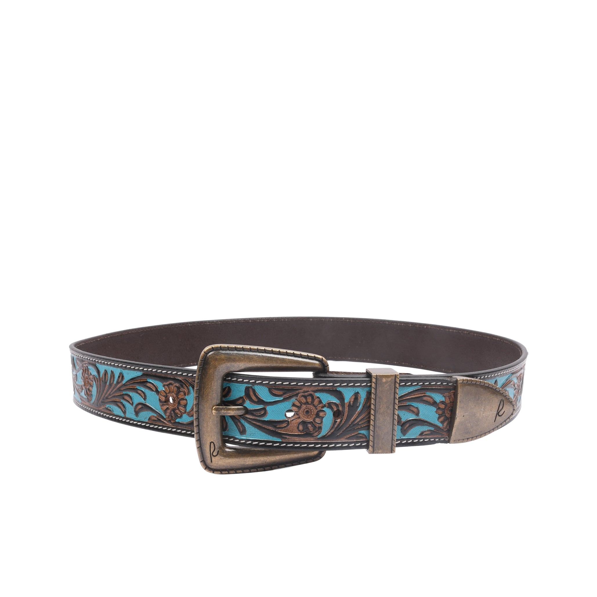 RIVIERA LUXE Turano Trail Antique embossed genuine leather belt with turquoise inlay and brass buckle for men India