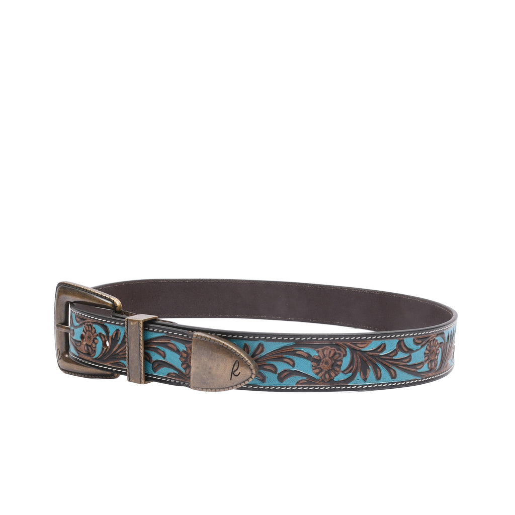 Turano Trail Antique close-up showing intricate floral embossing and turquoise leather inlay detail