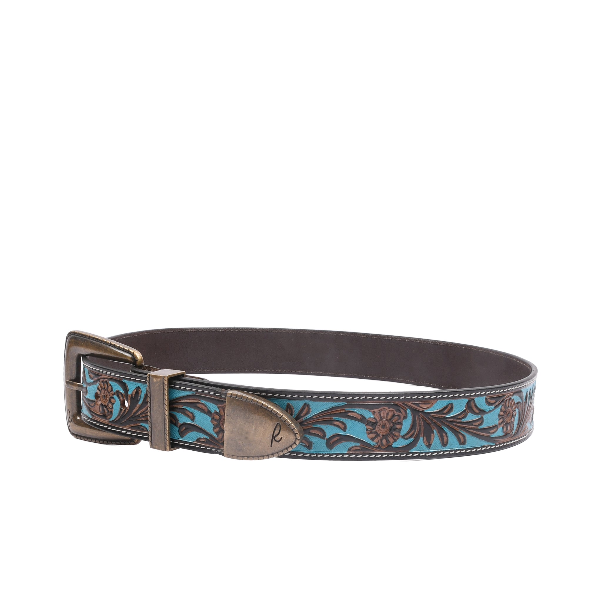 Turano Trail Antique close-up showing intricate floral embossing and turquoise leather inlay detail