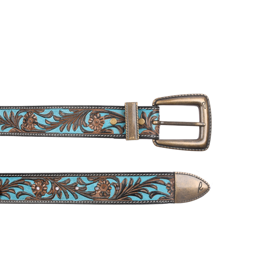 Turano Trail Antique belt buckle detail showing antique brass finish and embossed leather keeper