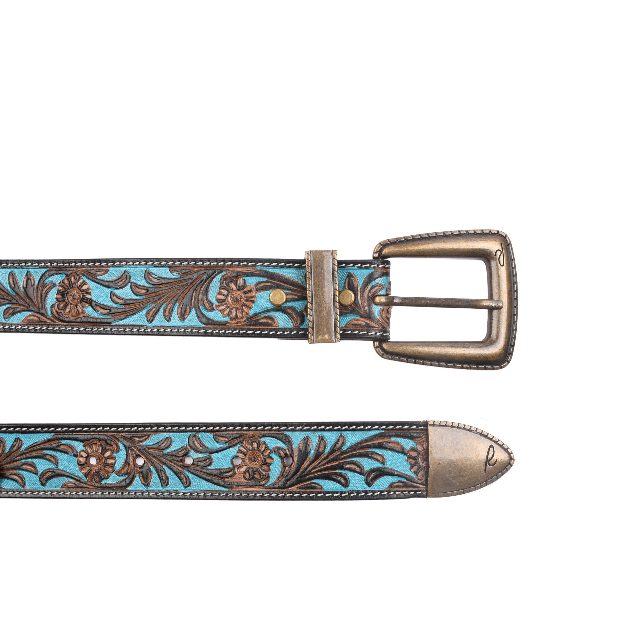 Turano Trail Antique belt buckle detail showing antique brass finish and embossed leather keeper