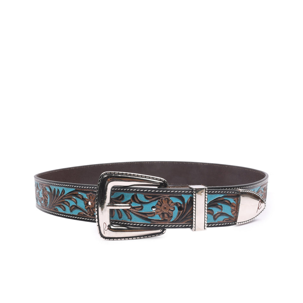 RIVIERA LUXE Turano Trail Silver embossed genuine leather belt with turquoise inlay and nickel buckle for men India