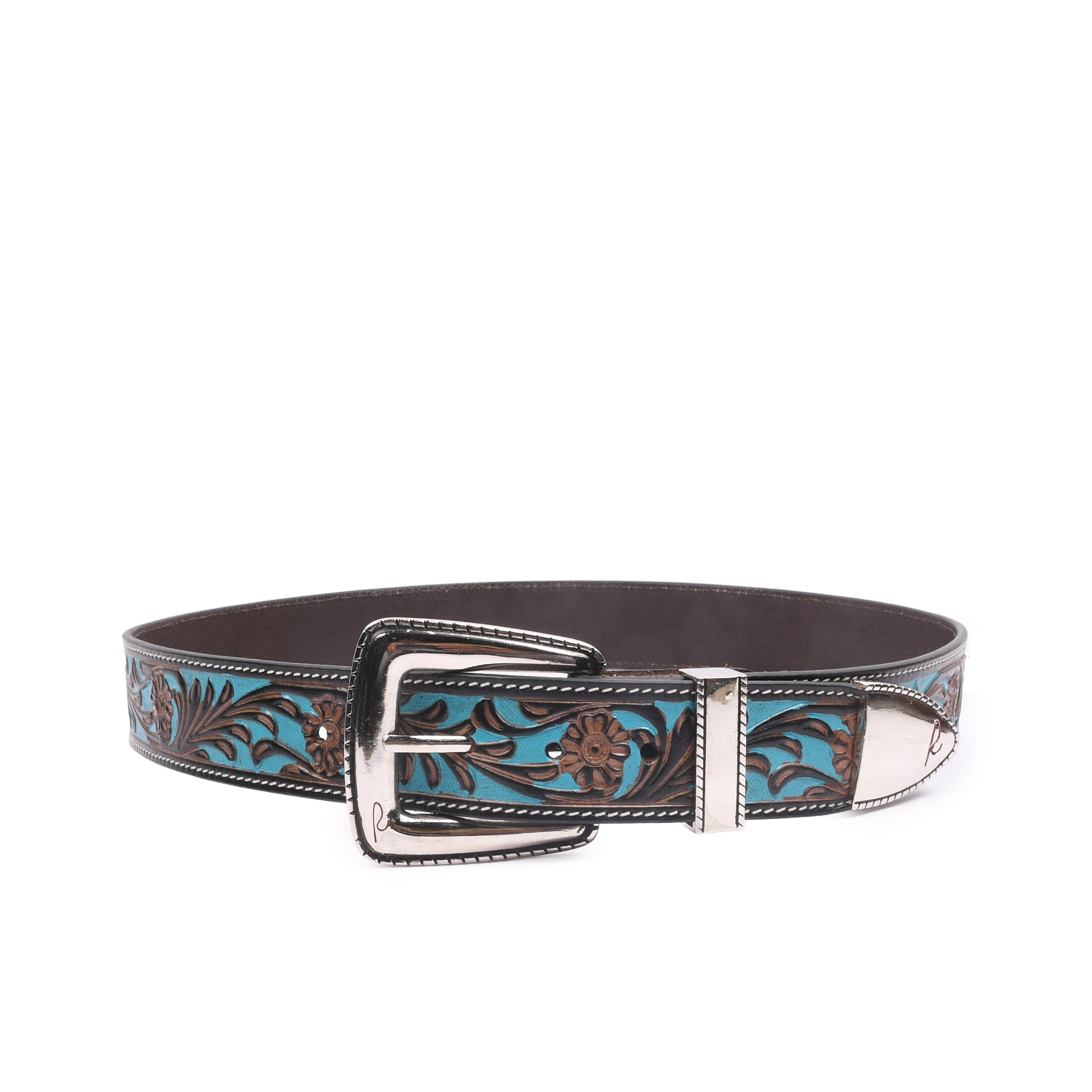 RIVIERA LUXE Turano Trail Silver embossed genuine leather belt with turquoise inlay and nickel buckle for men India