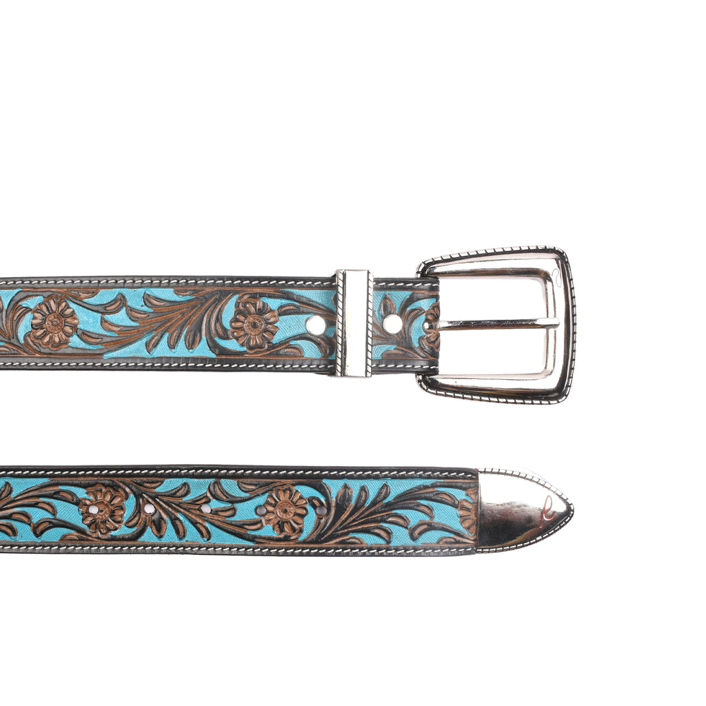 Turano Trail Silver polished nickel buckle and keeper detail on embossed leather belt