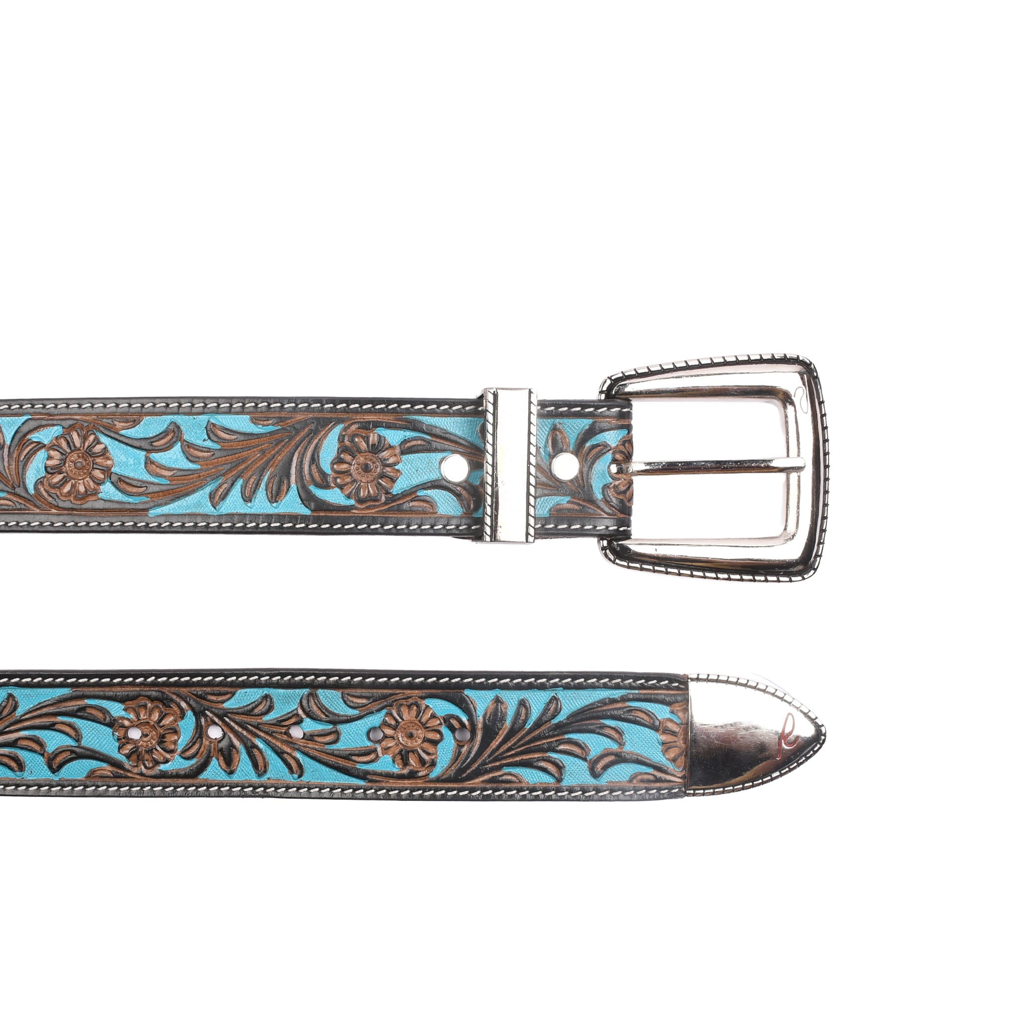 Turano Trail Silver polished nickel buckle and keeper detail on embossed leather belt