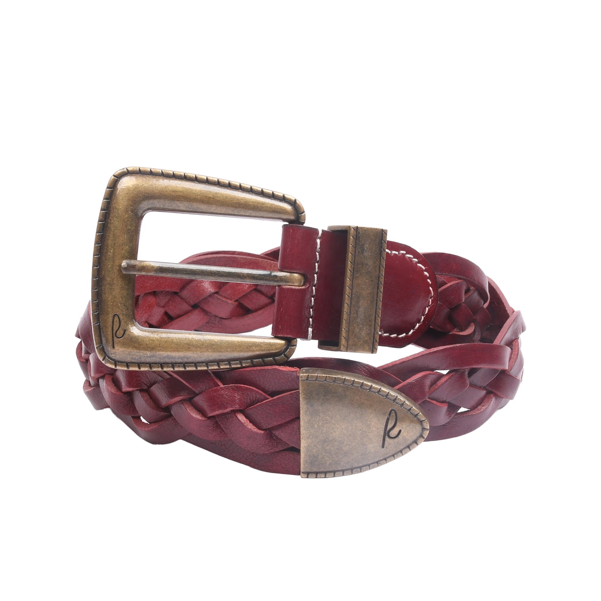 RIVIERA Rosso Windsor deep red braided leather belt with antique brass buckle for men