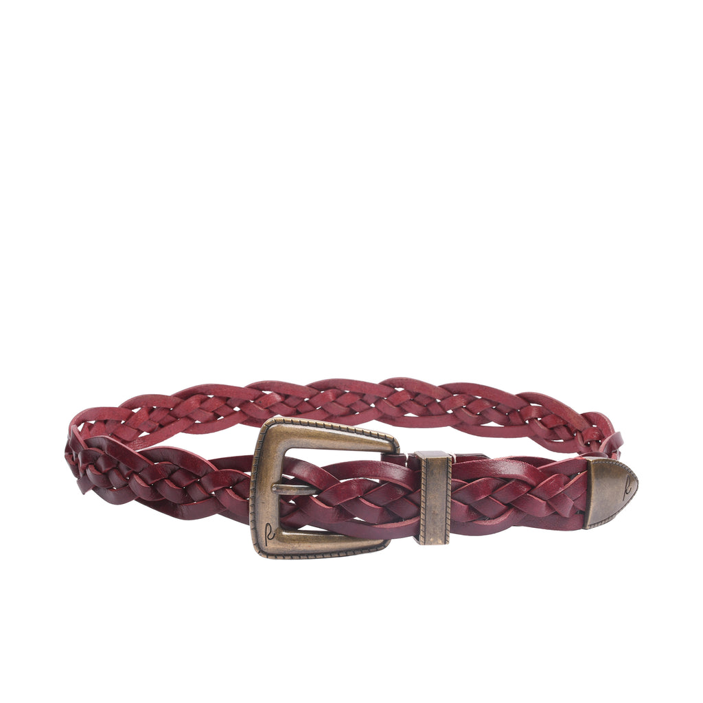 Rosso Windsor red leather belt close-up showing handwoven braid pattern and brass buckle detail