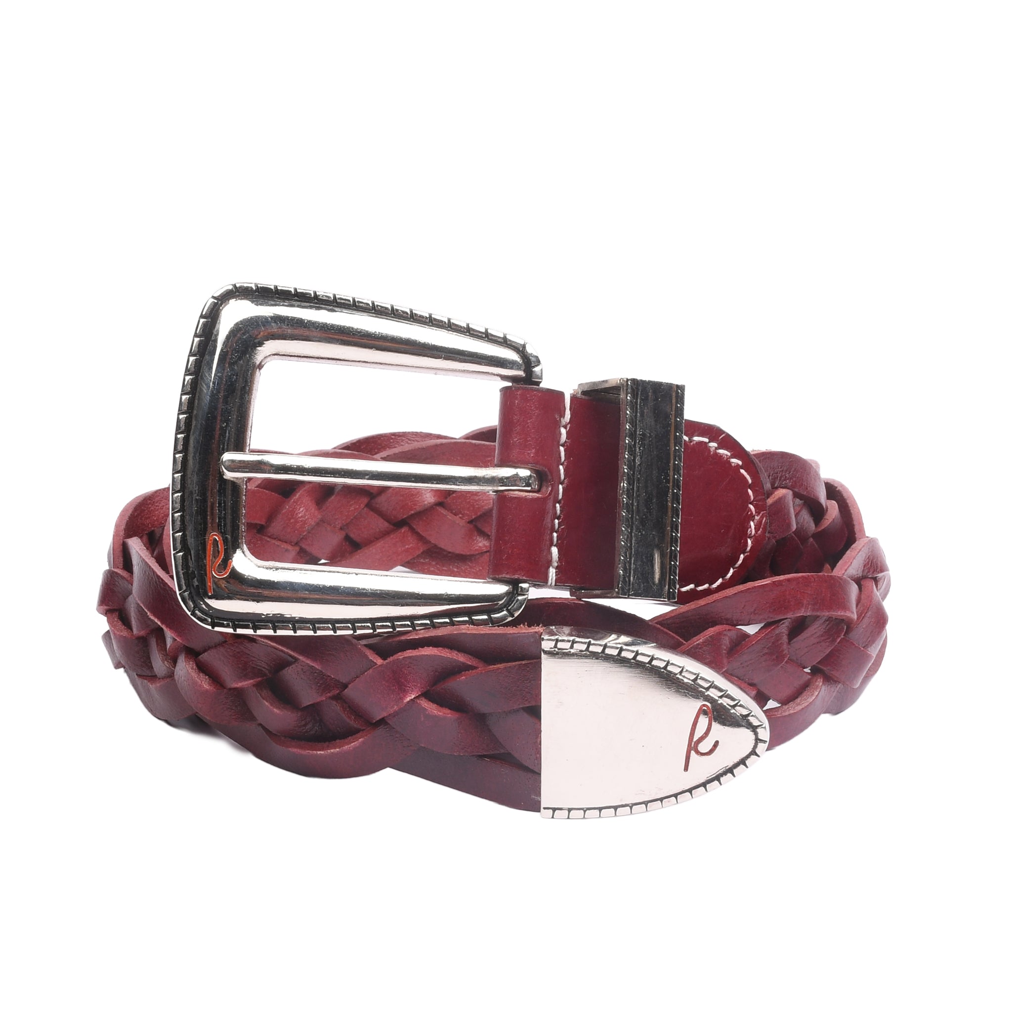 RIVIERA Rosso Windsor deep red braided leather belt with vintage nickel buckle for men