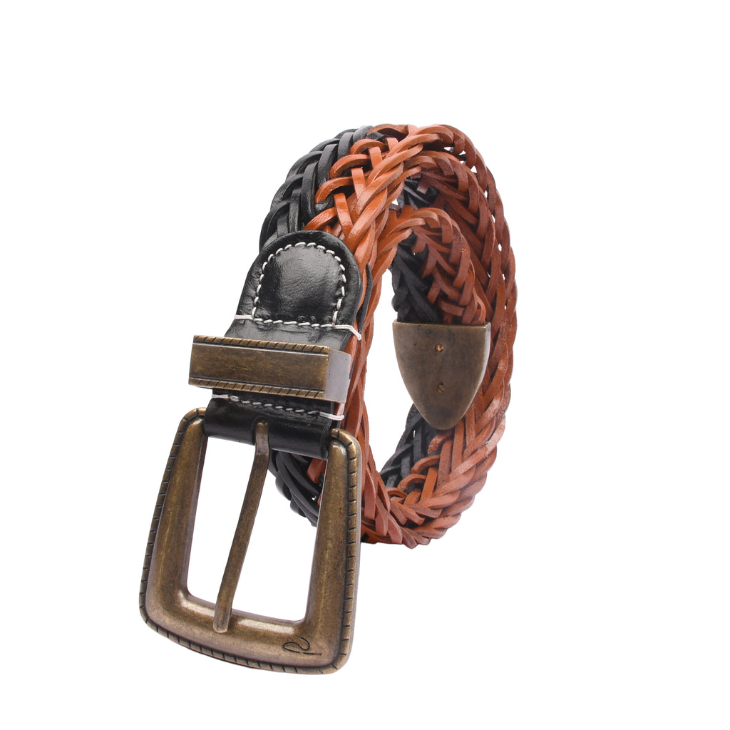 Windsor Weave braided leather belt close-up showing black and tan weave pattern