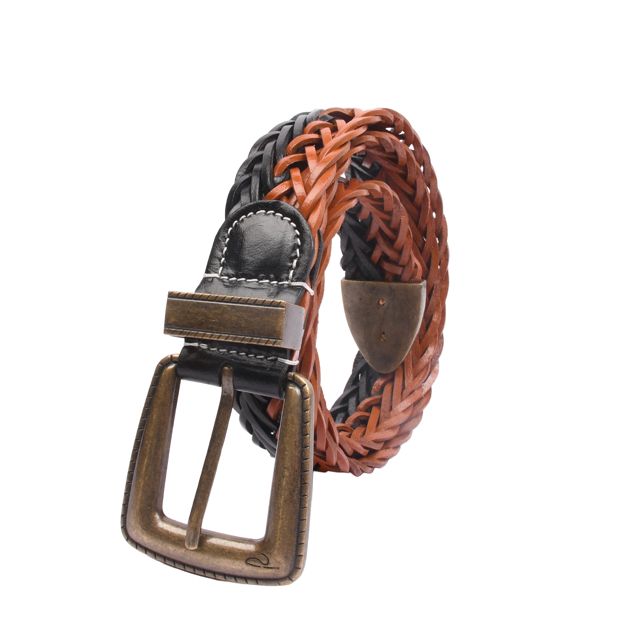 Windsor Weave braided leather belt close-up showing black and tan weave pattern