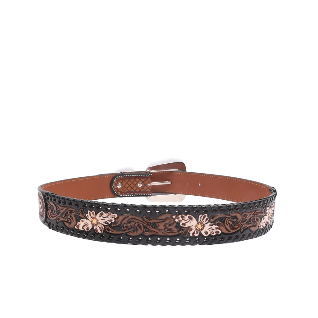 Dakota Basketweave Silver 38MM leather belt profile with polished nickel hardware and whipstitch detail