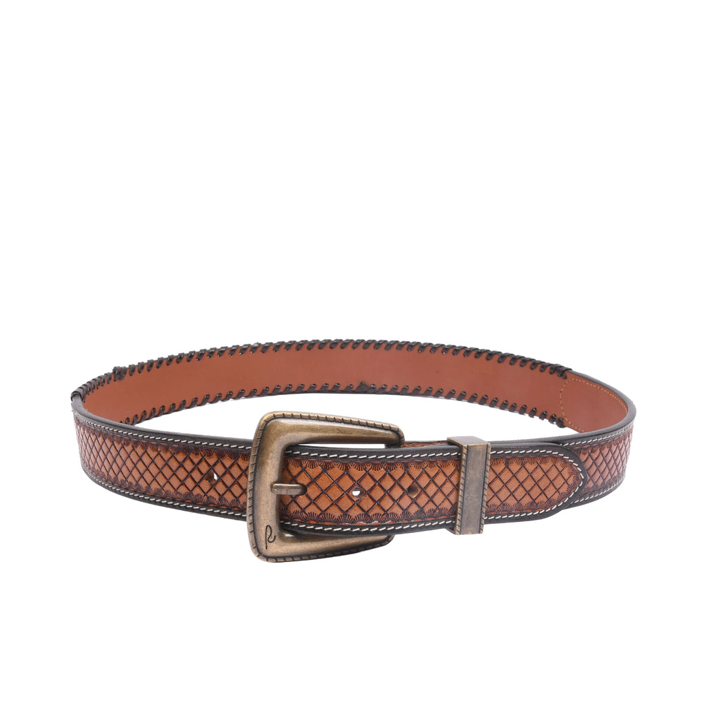 RIVIERA LUXE Dakota Basketweave Vintage genuine leather belt with basketweave embossing and antique brass buckle for men India