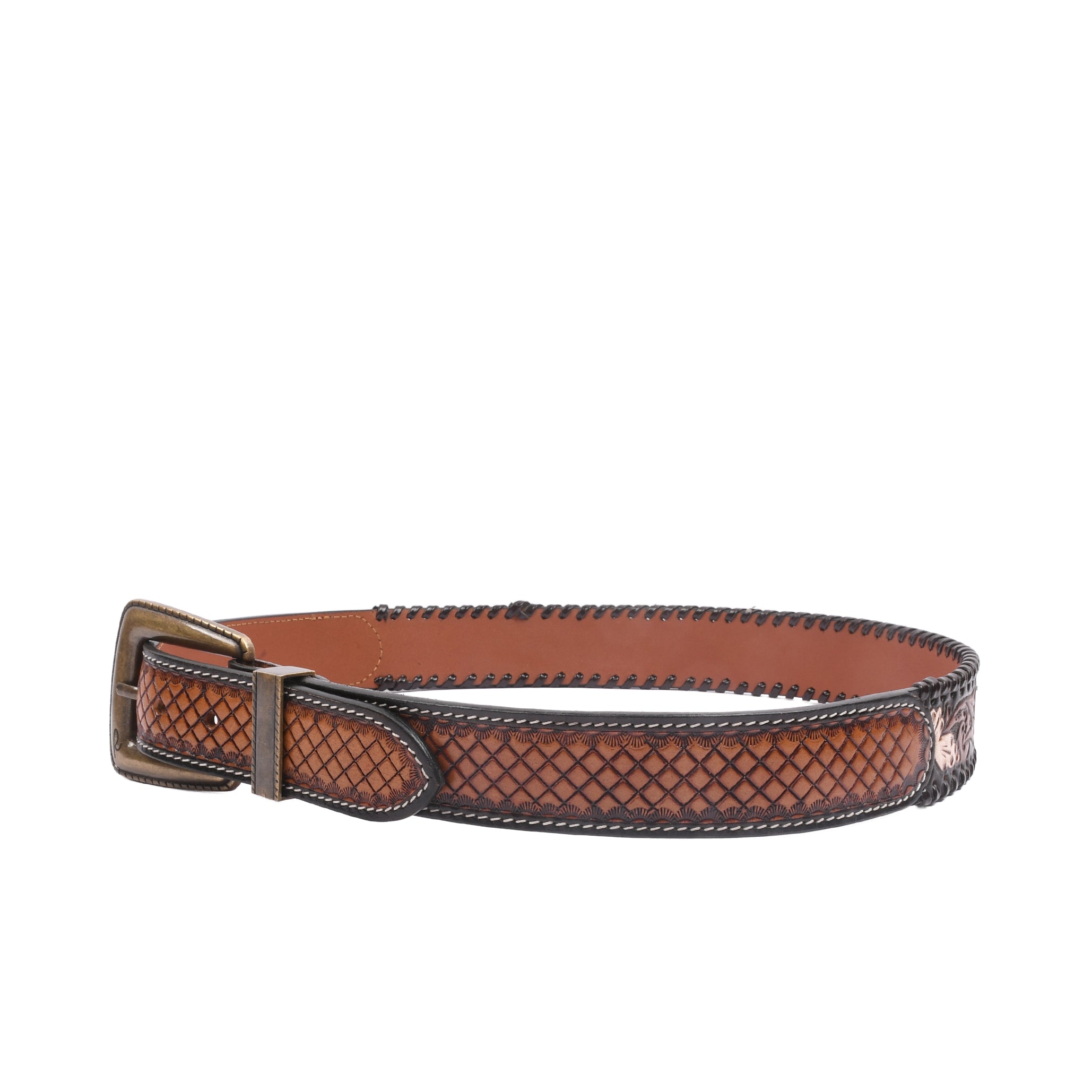 Dakota Basketweave Vintage close-up showing basketweave embossed leather and contrast whipstitch edge detailing